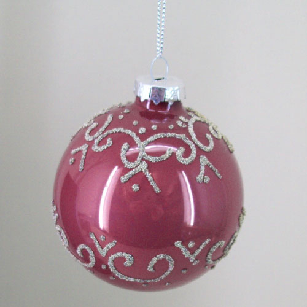 80mm Glass Christmas Baubles Rose Pink Silver Swirls